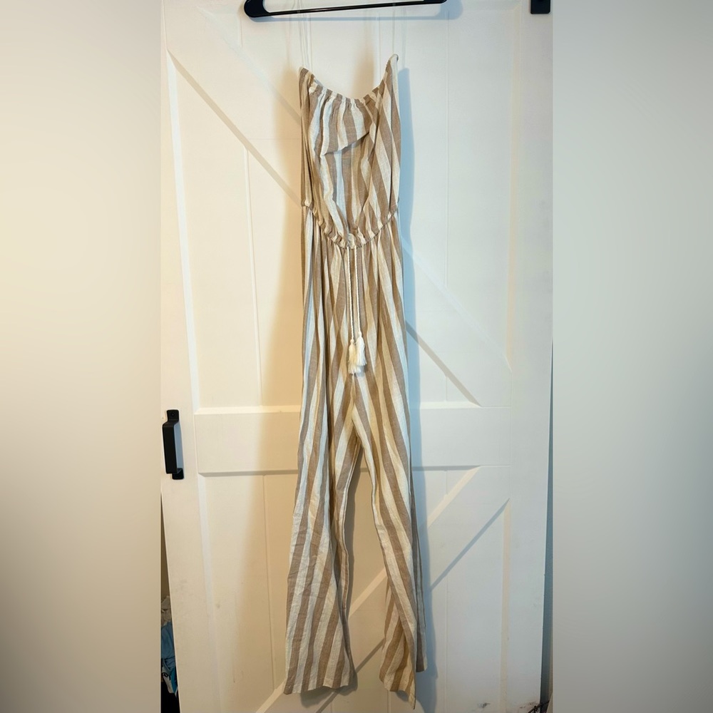 Paradise Tan/Cream Striped Strapless Jumpsuit